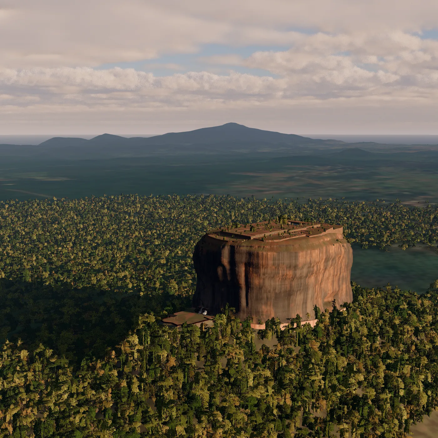 Sigiriya rock at golden hour, as rendered in the 3D journey